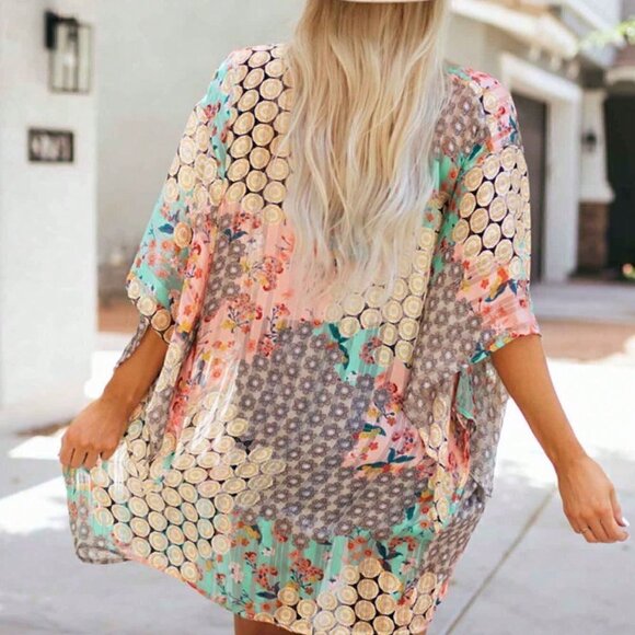 Multicolor Boho Womens Allover Print Batwing Sleeve Kimono - Picture 3 of 5